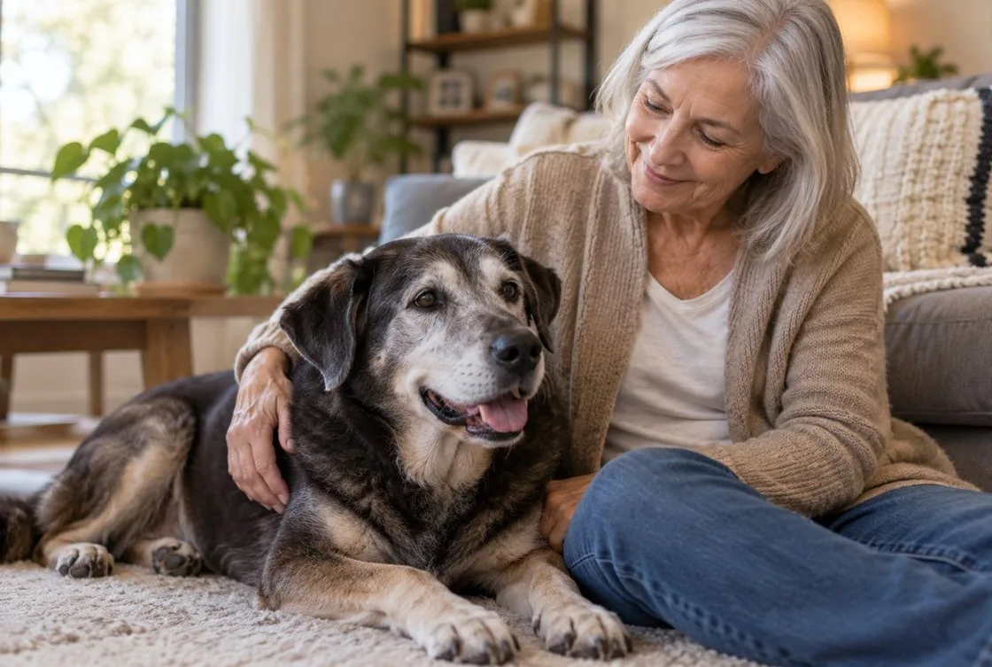 Gray-muzzled black dog lying on rug beside gray-haired woman